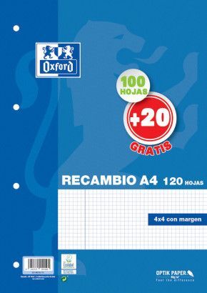 RECAMBIO A4 100H + 20H 90GR 4/T CUADRO 4MM OXFORD SCHOOL